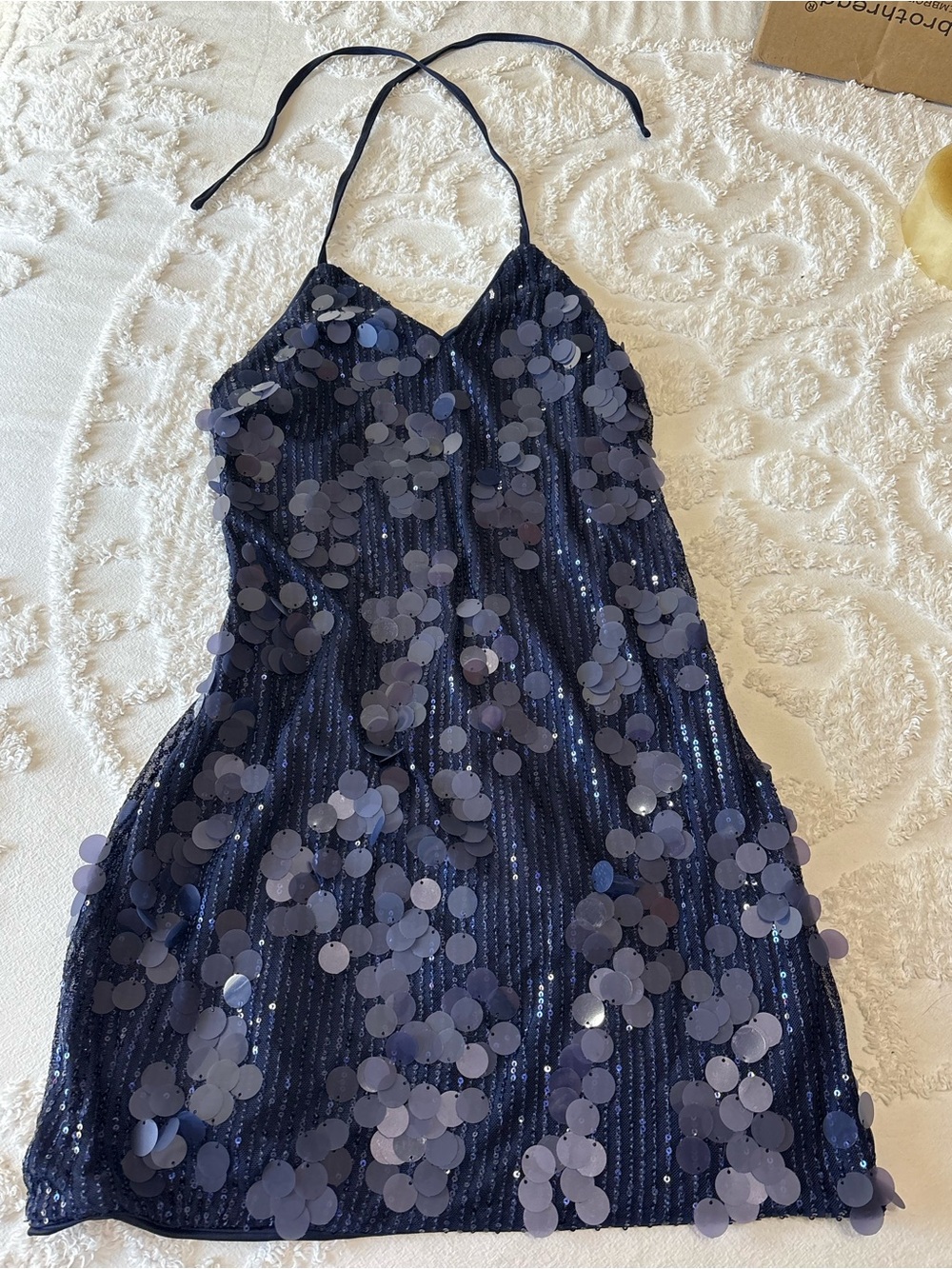 Navy Sequined Halter Mini Dress
